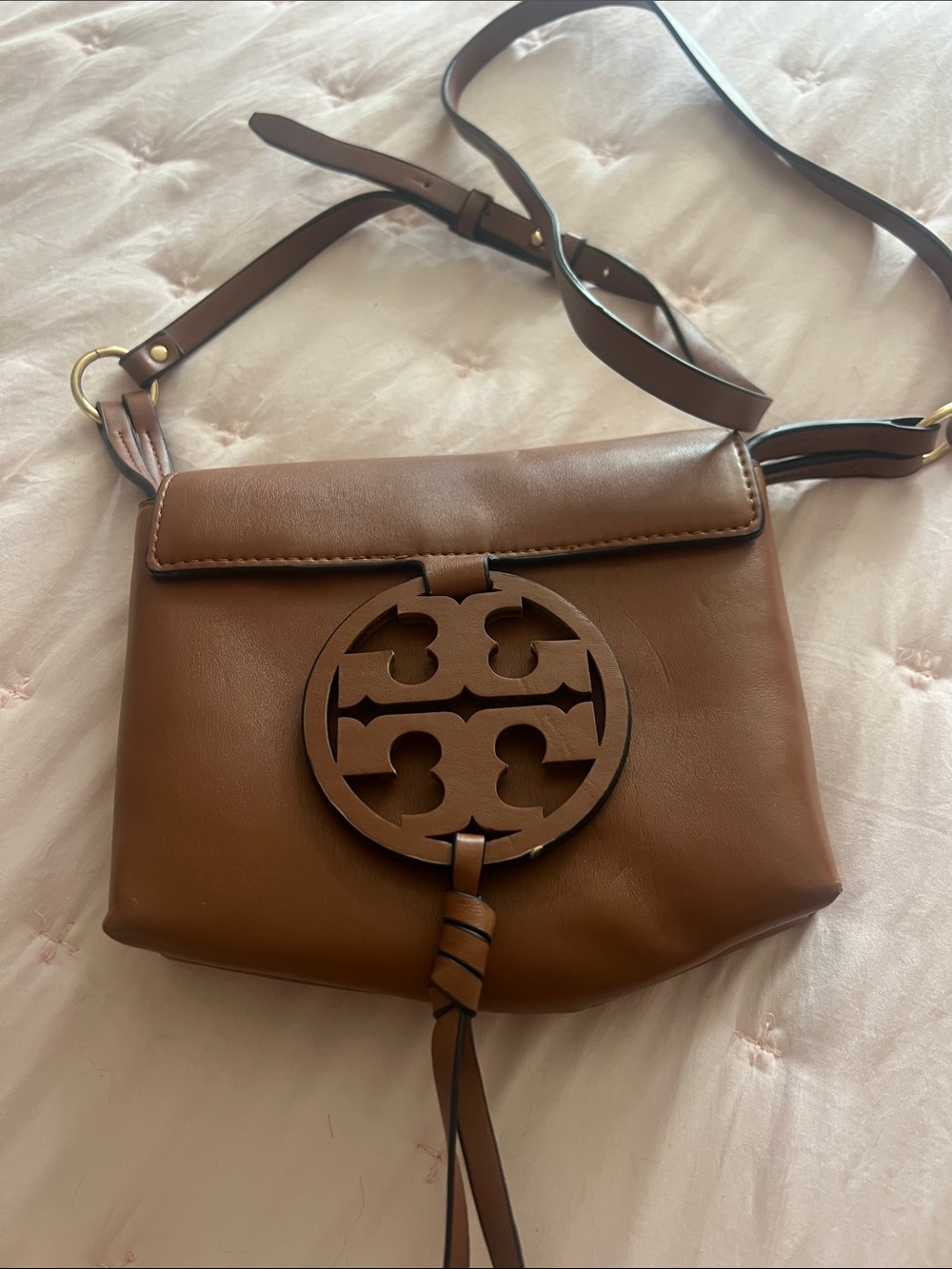 Brown Leather Crossbody with Signature Medallion Accent